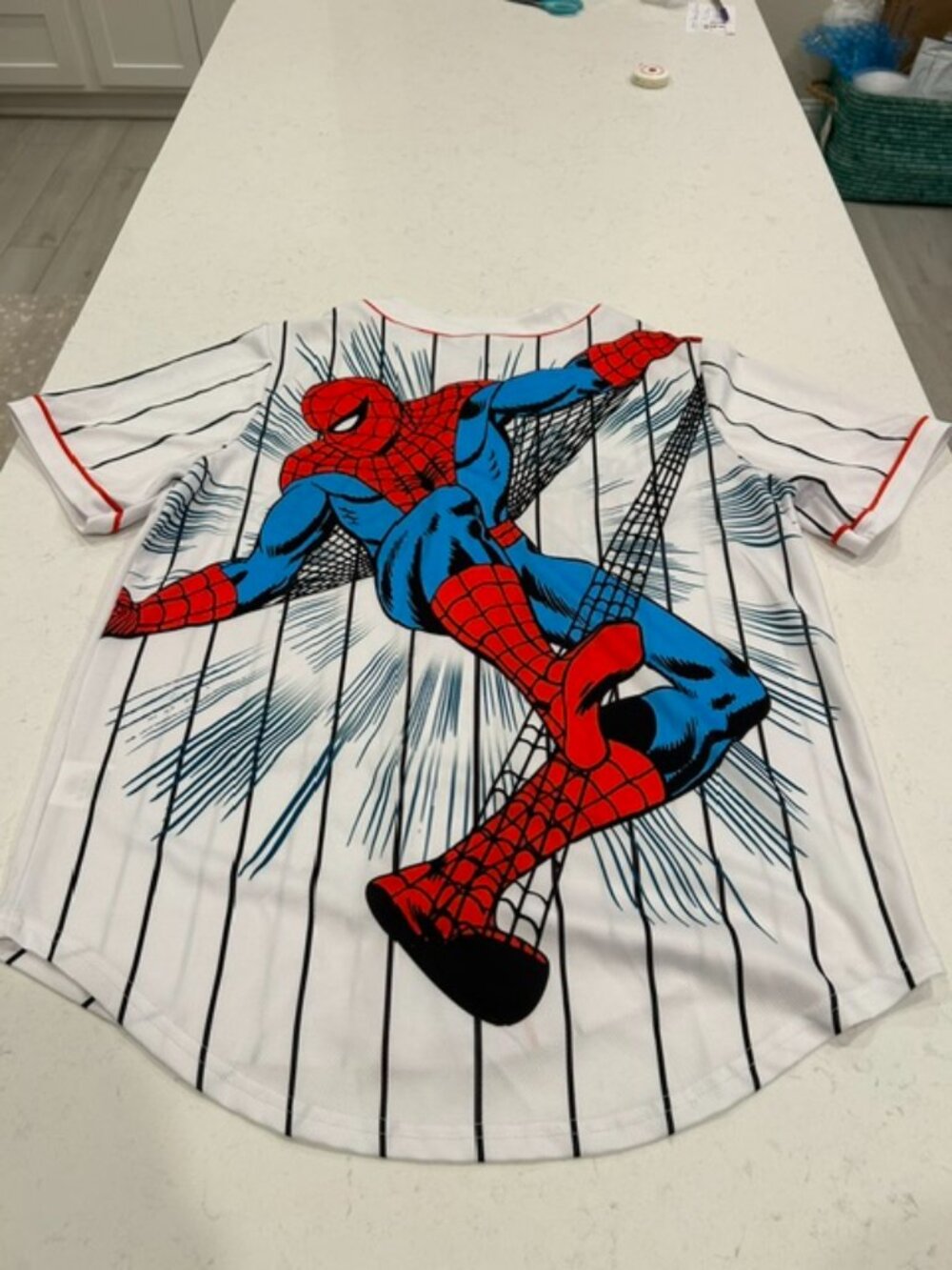 Marvel Spider‑Man Jersey Large White Pinstripe Button‑Up Red Graphic Shirt - Picture 3 of 11